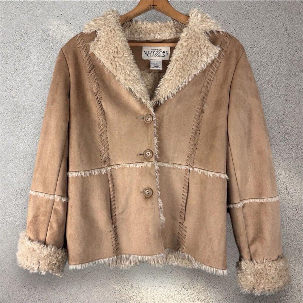 Vtg Penny Lane Coat Jacket Faux Suede Shaggy Fur Trim Beige Boho Y2K 70s Sz L